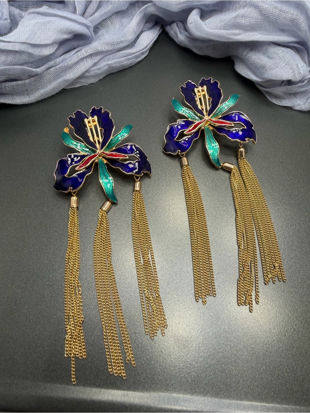 Cloisonné Iris Tassel Floral pierced Earrings in Blue and Teal